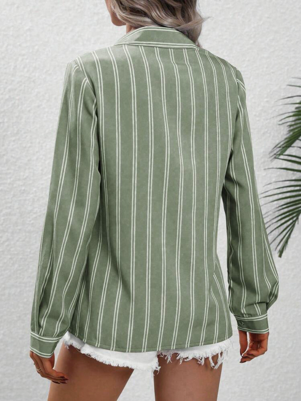 Women Fashion Casual Loose Stripe Lapel Long Sleeve Single Breasted Blouse