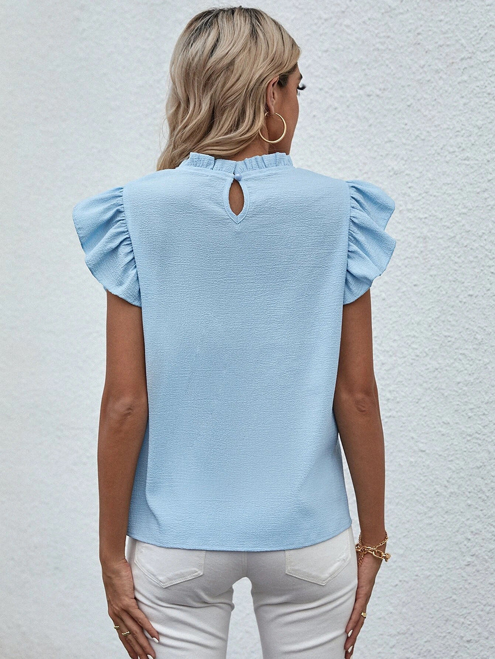 Women Fashion Casual Solid Color Ruffled Round Neck Sleeveless Blouse