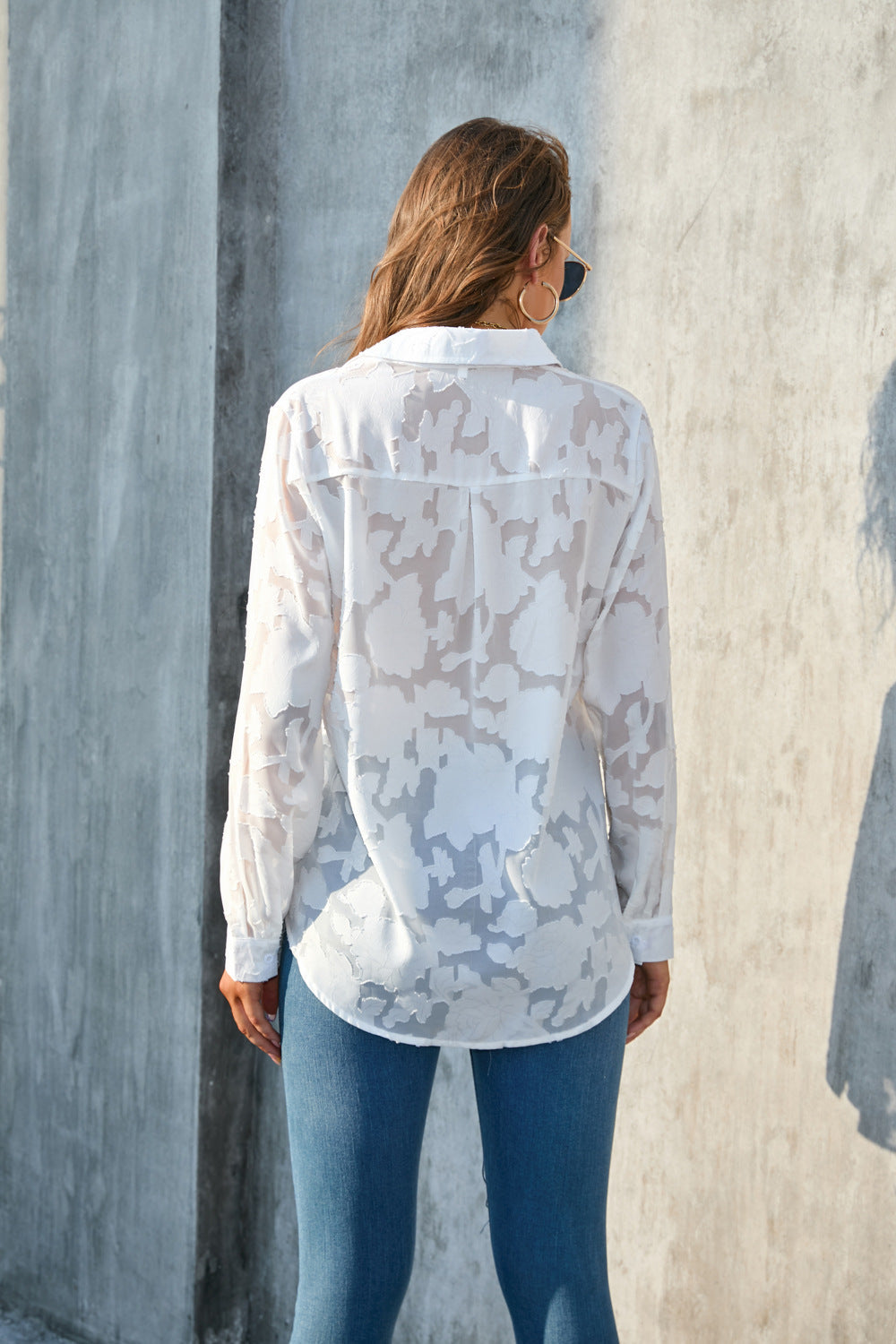 Women Fashion Casual Chiffon Loose Floral Printed Lapel Long-Sleeve Blouse