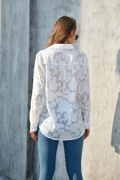 Women Fashion Casual Chiffon Loose Floral Printed Lapel Long-Sleeve Blouse