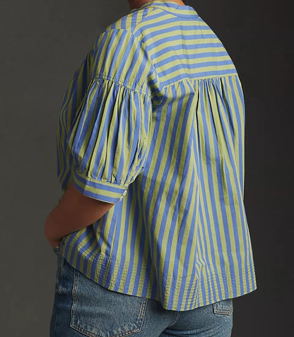 Women Fashion Casual Stripe Stitching V-Neck Long-Sleeve Blouse