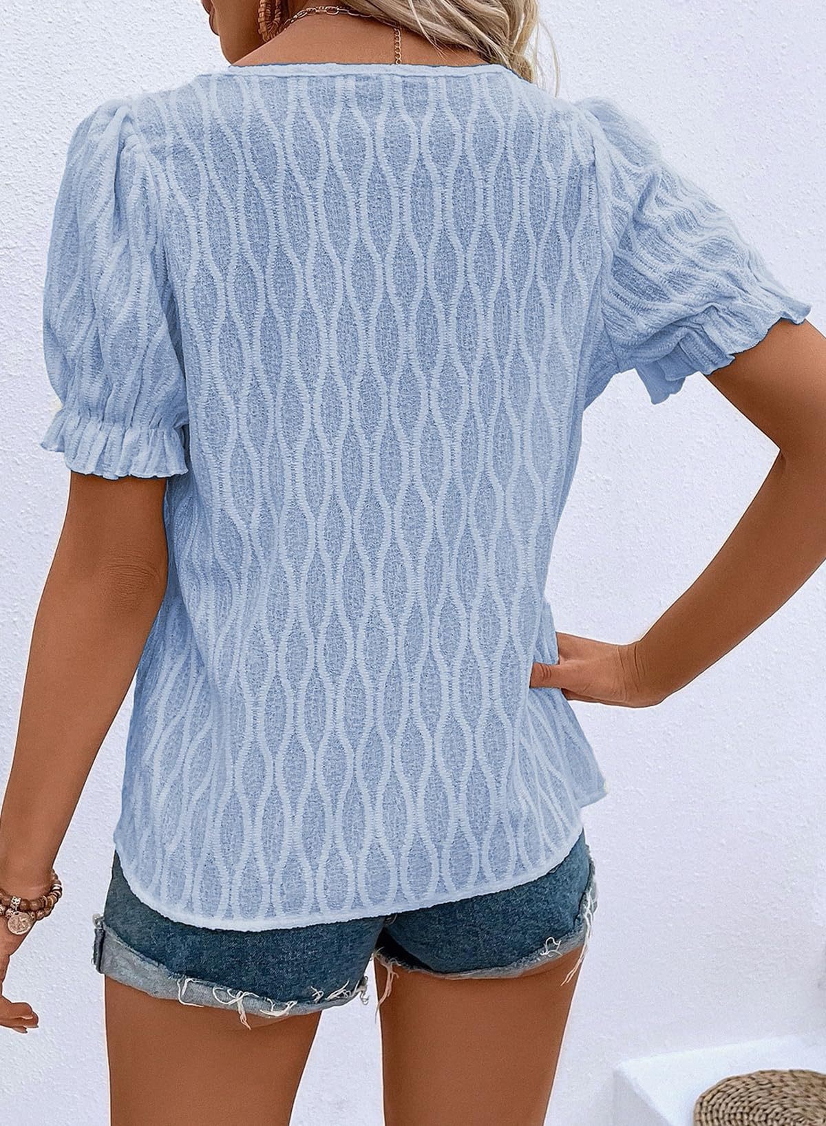 Women Fashion Casual Solid Color Jacquard V-Neck Puff Sleeve Blouse