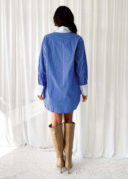 Women Fashion Casual Contrast Color Stripe Lapel Long-Sleeve Loose Blouse