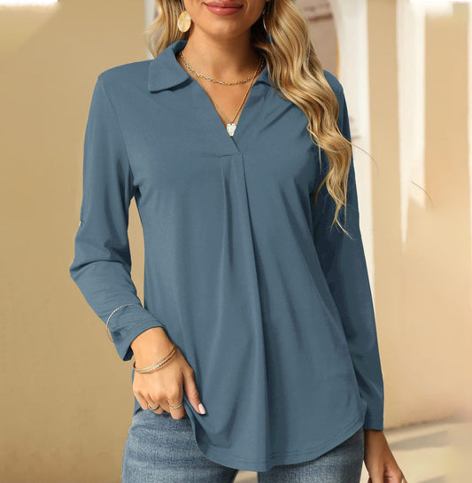 Women Fashion Casual Solid Color V-Neck Long Sleeve Blouse