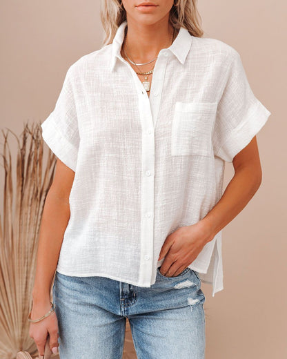 Women Fashion Casual Solid Color Short Sleeve Buttoned Knotted Blouse