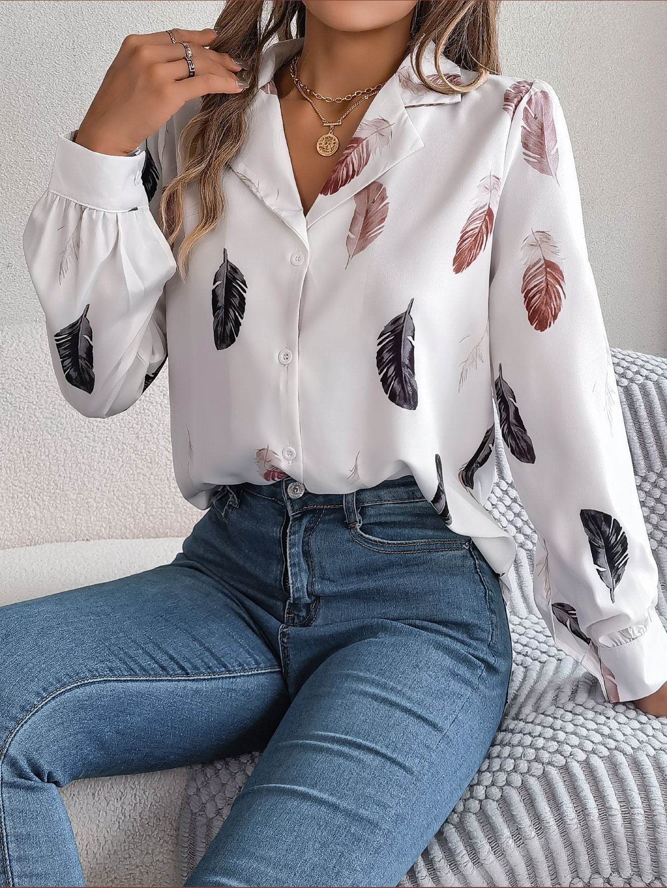 Women Fashion Casual Feather Print Long Sleeve Blouse