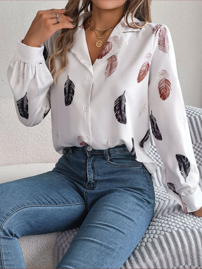 Women Fashion Casual Feather Print Long Sleeve Blouse