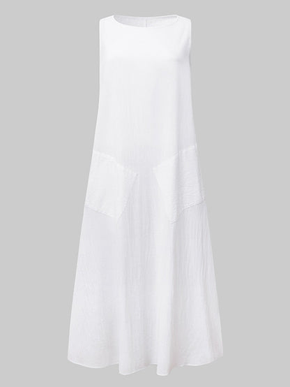 A Line Dress Midi Dress Blue White Gray Yellow Sleeveless Solid Color Pocket Spring Summer Round Neck Basic Hot Loose  S M L XL XXL for Women