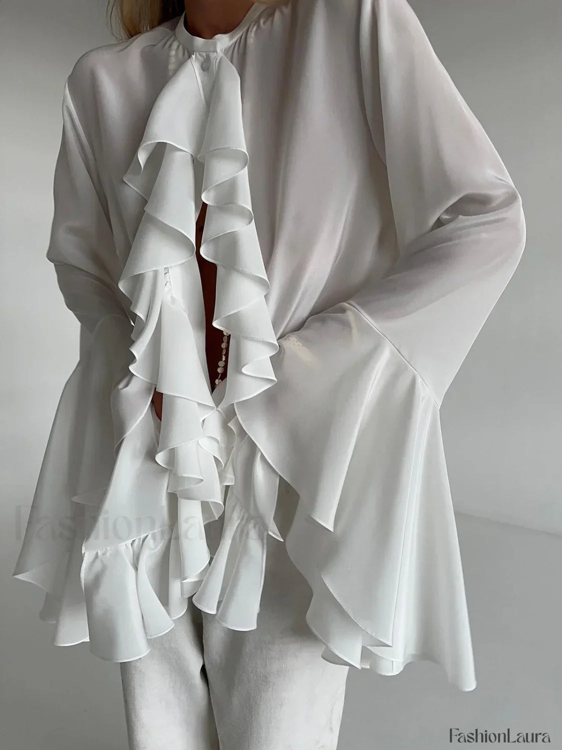 Semi-sheer Chiffon Graceful Ruffled Trim Blouse