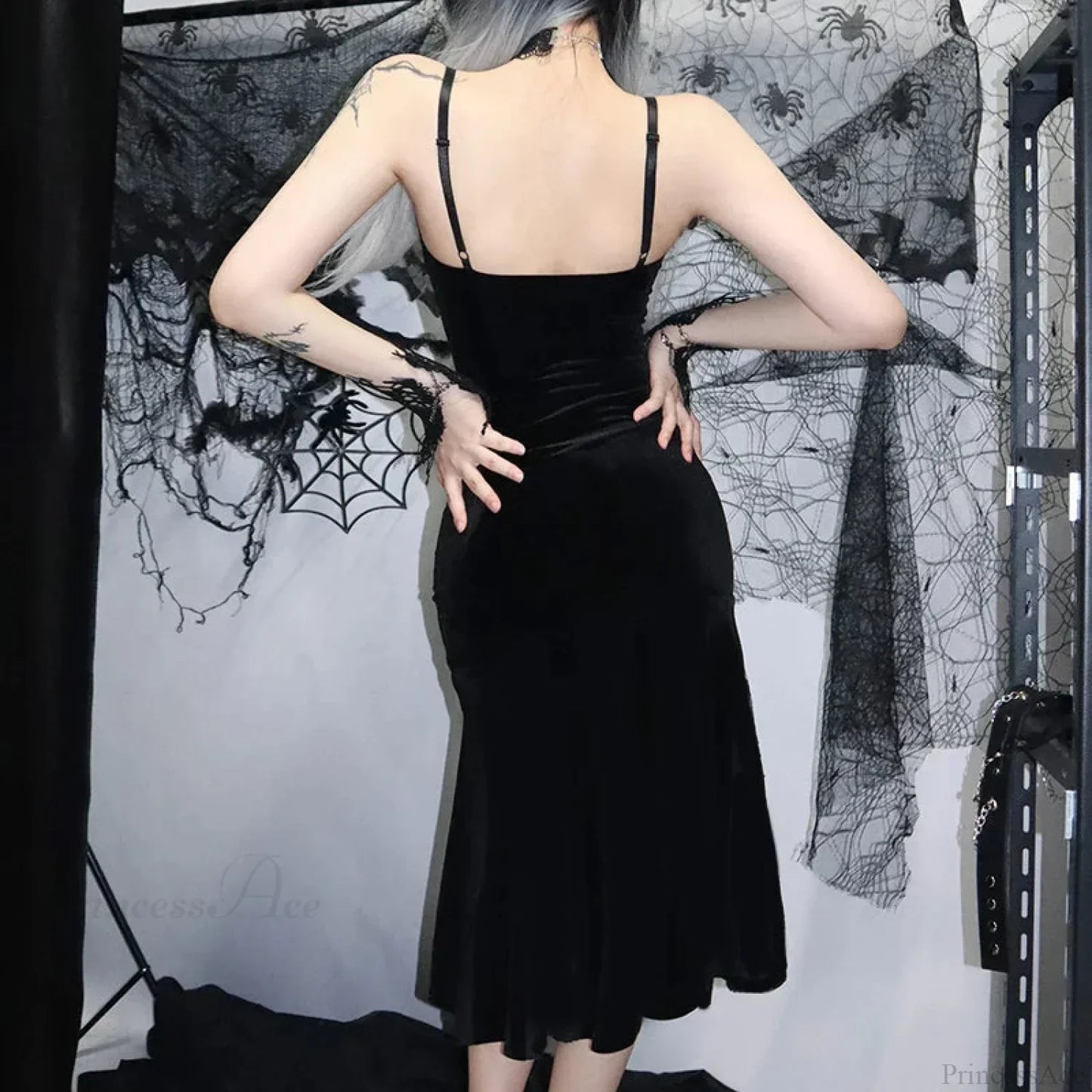 Sleeveless Velour Lace Patchwork Midi Dress