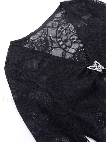 Split Lace Cropped Long Sleeve Blouse