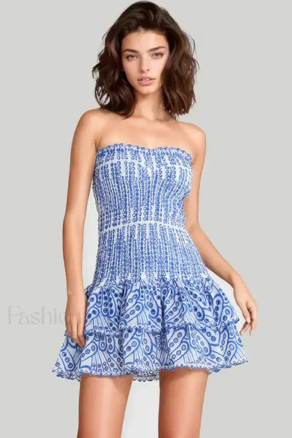 Strapless Flower Embroidery Mini Dress