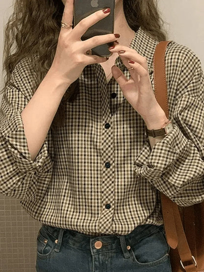 Vintage Long Sleeve Checkered Blouse