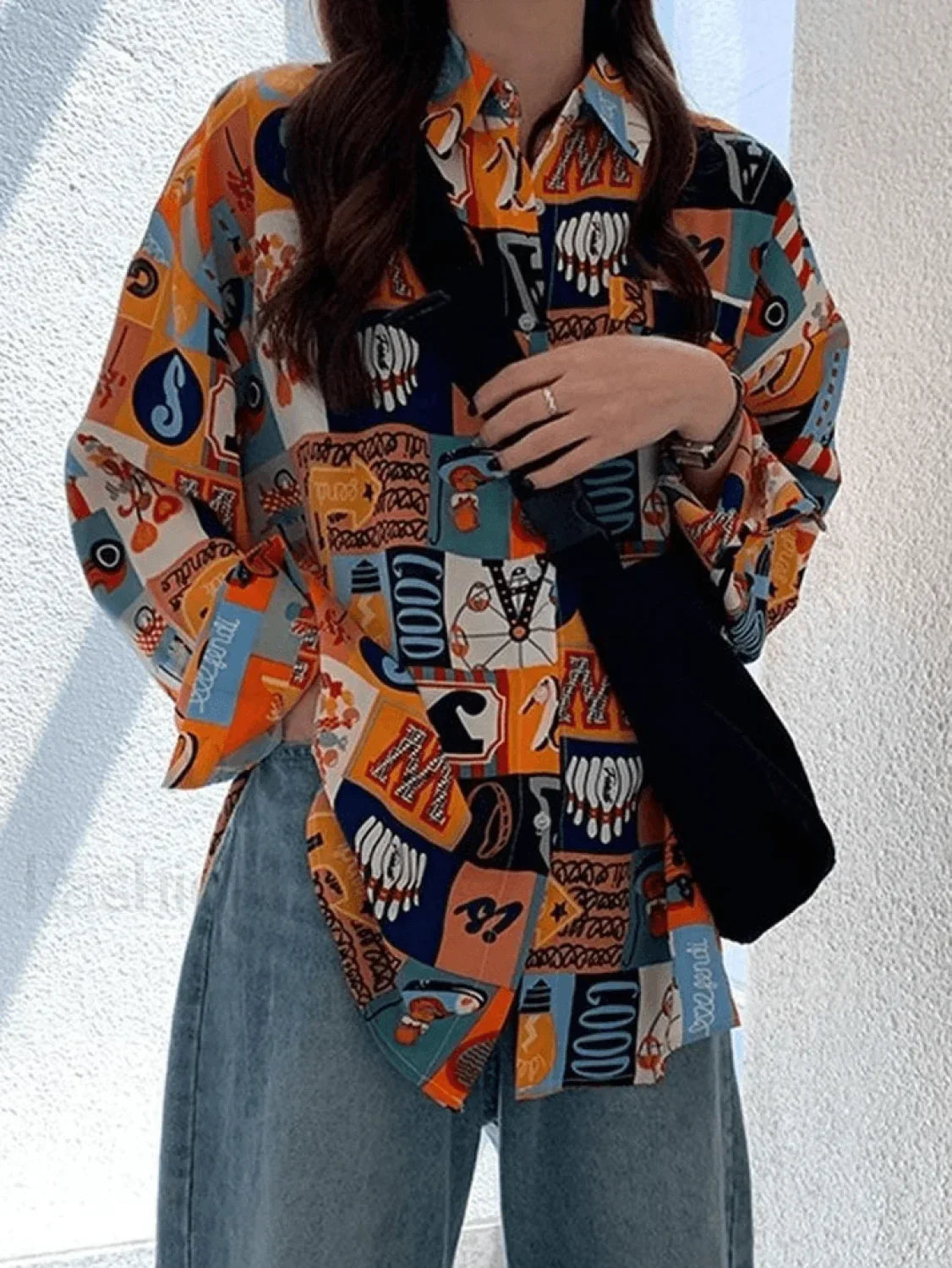 Vintage Mixed Print Long Sleeve Blouse