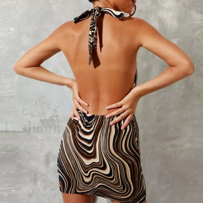 Wave Print Halter Mini Dress