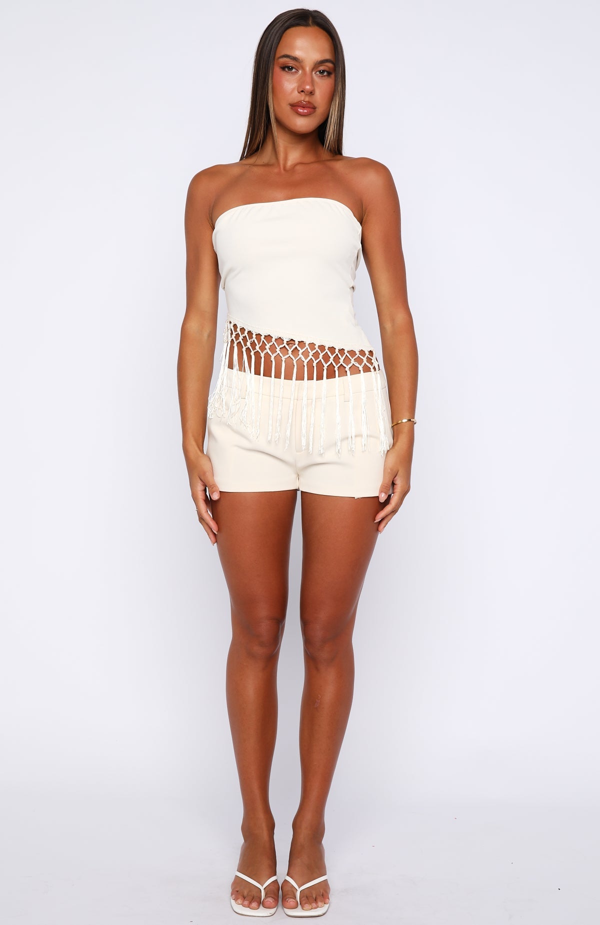 Sweet As Me Strapless Fringe Top Coconut