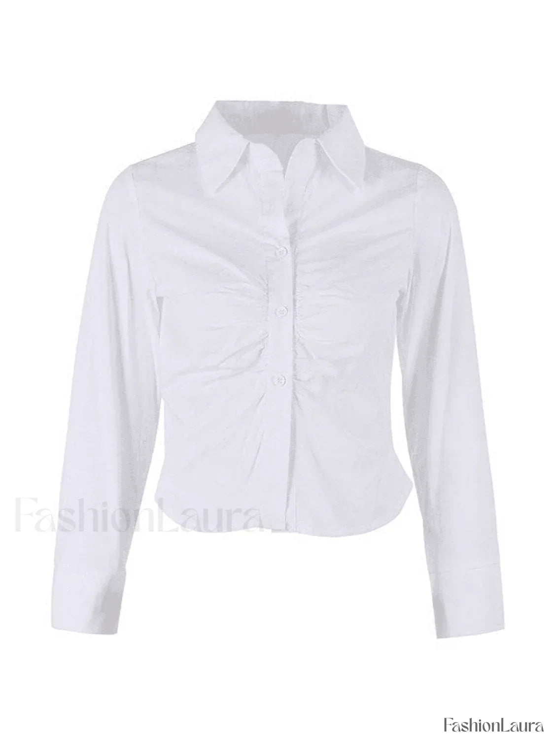 White Ruched Cropped Long Sleeve Blouse