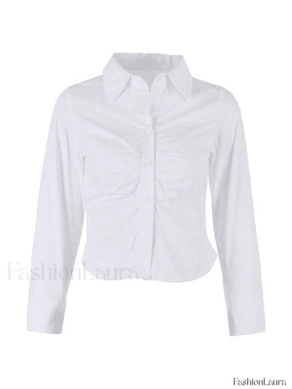 White Ruched Cropped Long Sleeve Blouse
