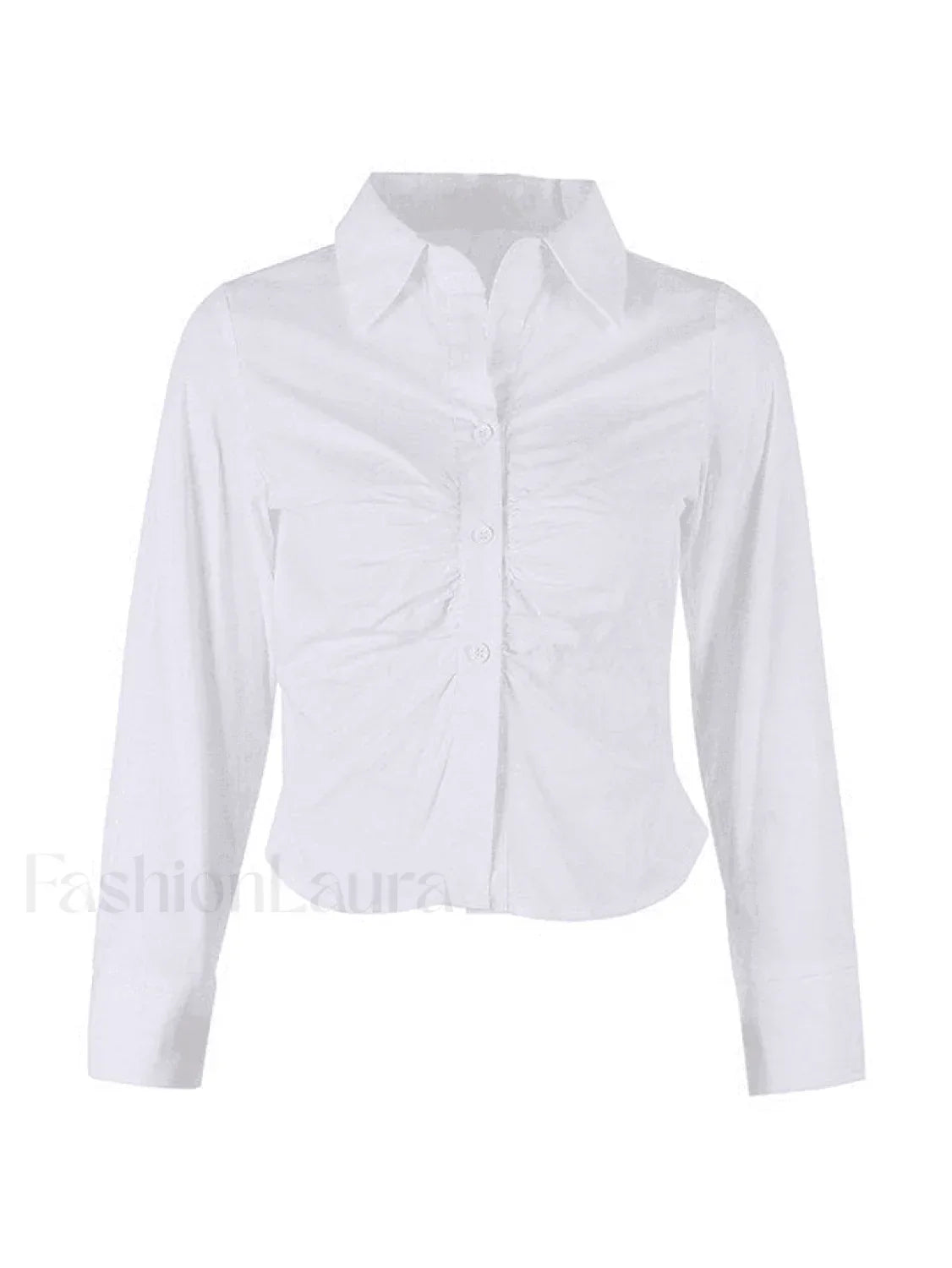 White Ruched Cropped Long Sleeve Blouse