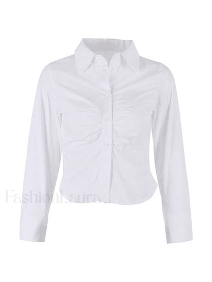 White Ruched Cropped Long Sleeve Blouse