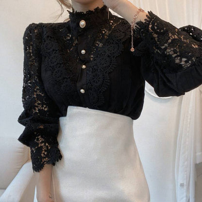 Women's Elegant Lace Puff Sleeve Blouse with Buttons  | Ideal for Spring/Summer