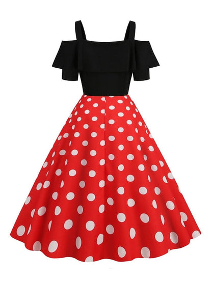 1950s Vintage Vintage Dress Midi Dress Holiday Date Ruched Print Polka Dot Spaghetti Strap Short Sleeve Regular Fit Summer Spring  Black Yellow S M L XL for Women