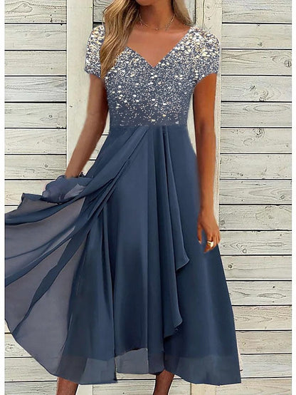 A Line Dress Chiffon Dress Midi Dress Navy Blue Short Sleeve Color Gradient Patchwork Spring Summer V Neck Stylish Elegant Party  S M L XL XXL 3XL / Party Dress for Women